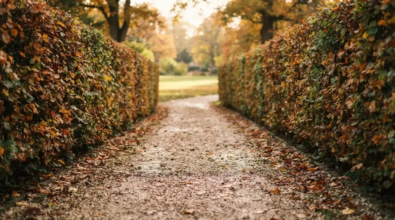 Ein schmaler Kiesweg führt zwischen zwei Hecken durch einen Park, auf dem Weg liegt Herbstlaub.