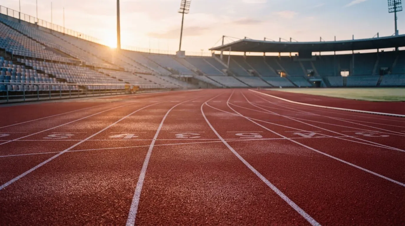 Eine rote Laufbahn in einem leeren Stadion bei Sonnenaufgang, die Bahnen ziehen sich in die Kurve.