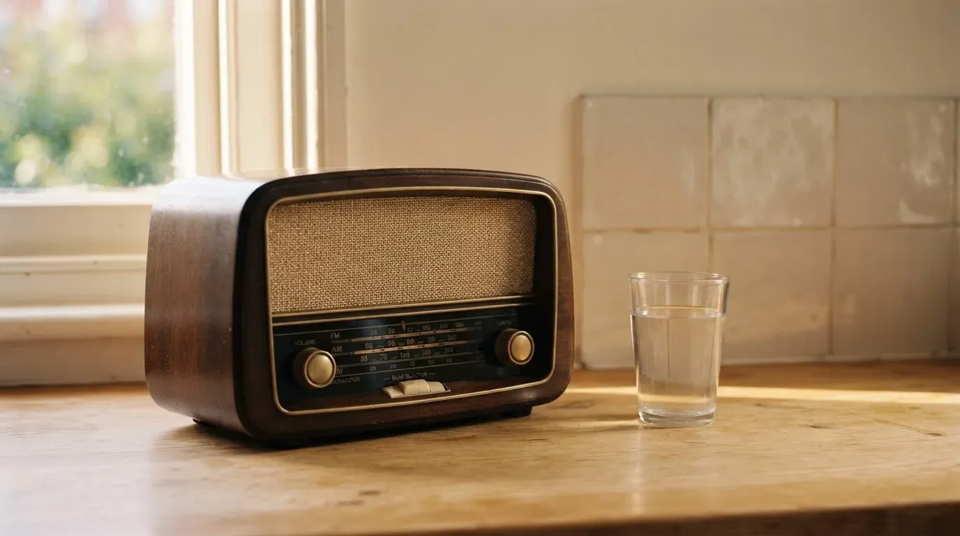 Ein altes Radio steht auf einer Küchenablage neben einem Glas Wasser, Morgenlicht fällt durchs Fenster.