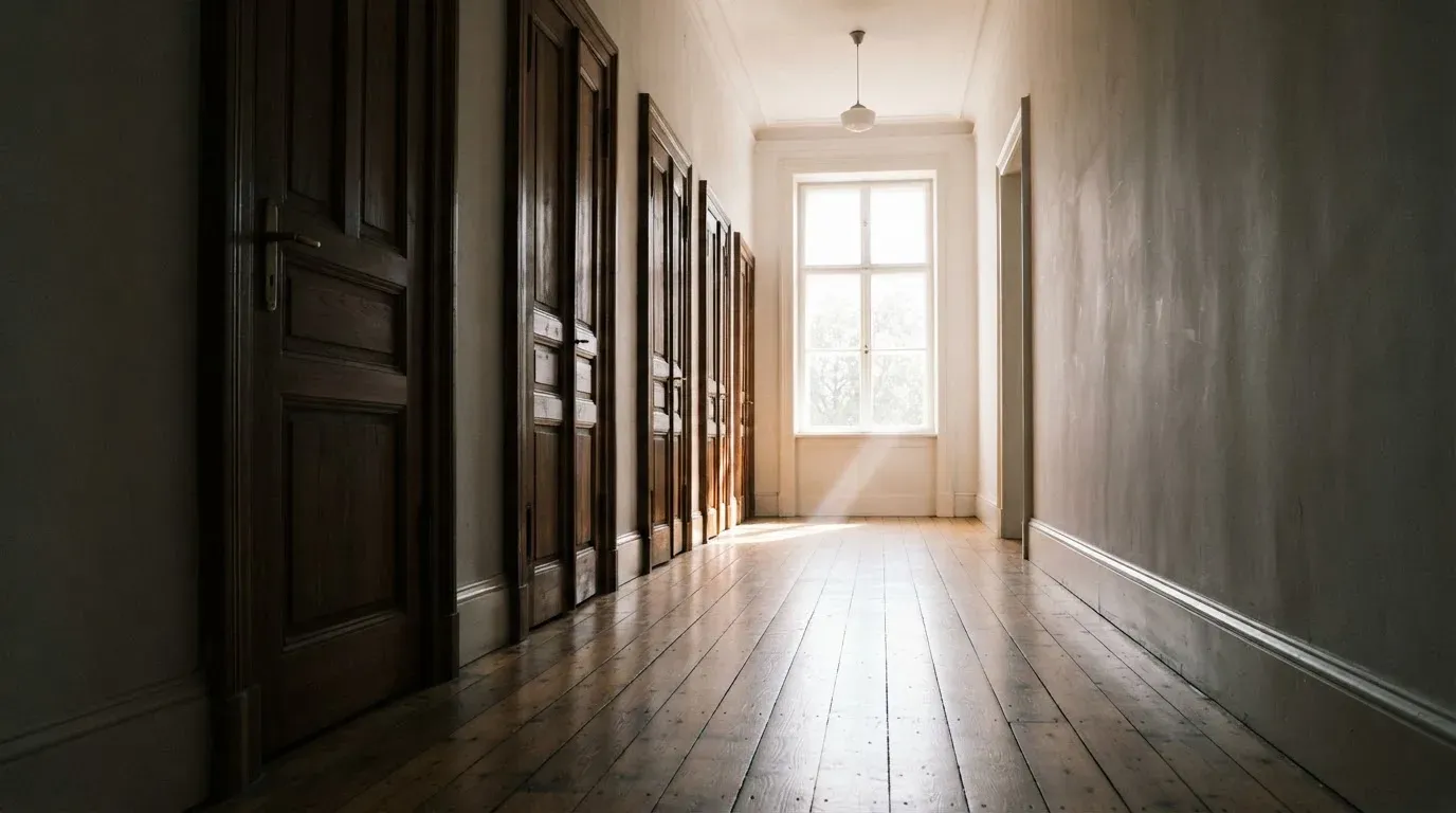 Ein Flur mit Holztüren im Gegenlicht, am Ende des Gangs fällt Tageslicht durch ein Fenster.