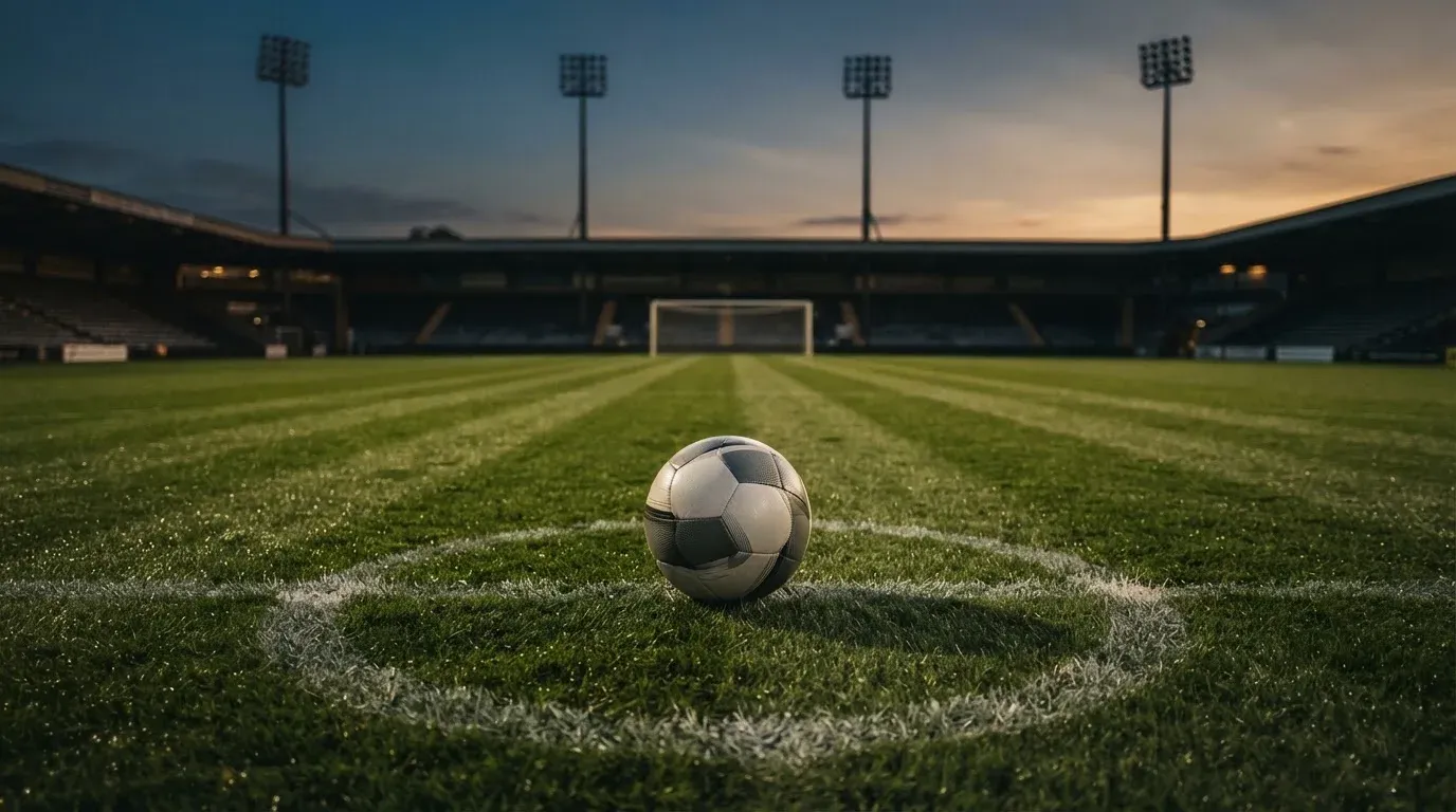 Ein Fussball liegt auf dem Mittelpunkt eines leeren Rasenplatzes, im Hintergrund ragen Flutlichtmasten in die Abenddämmerung