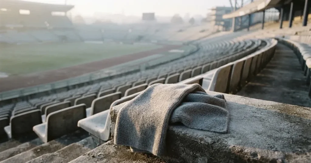 Ein einfarbiger grauer Schal liegt auf einer leeren Betontribüne, Raureif auf den Sitzen, kühles Morgenlicht über dem Stadion