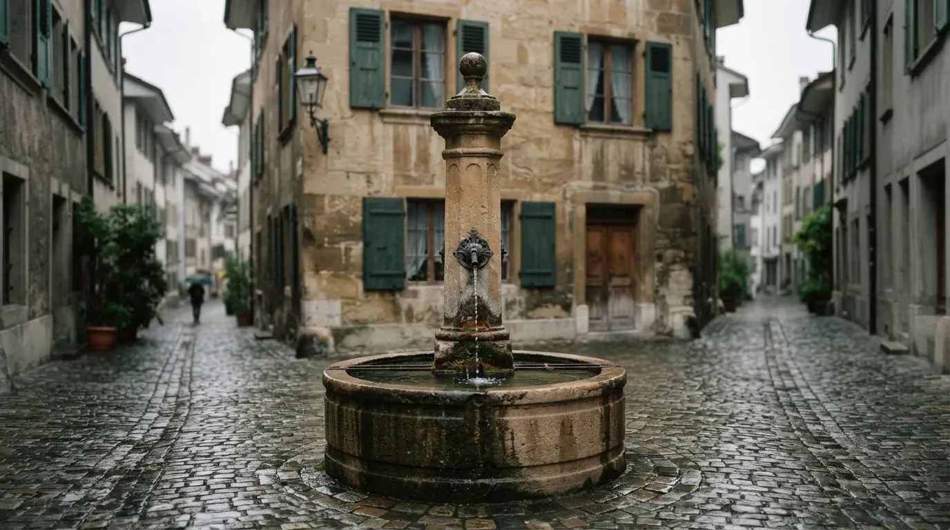 Ein Brunnen vor einer Sandsteinfassade in einer Altstadtgasse, nasses Kopfsteinpflaster und gedämpftes Licht eines bewölkten Morgens