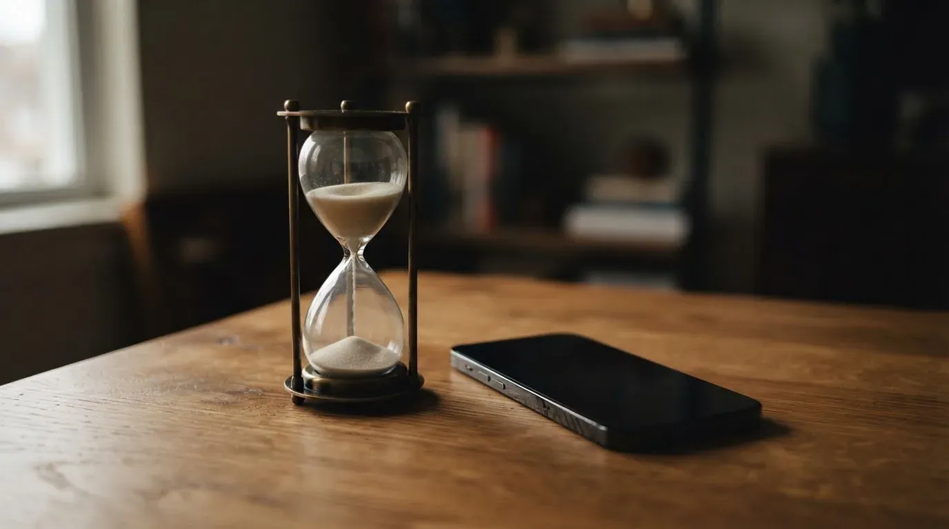 Eine Sanduhr steht neben einem Smartphone mit dunklem Display auf einem Holztisch, ruhiges Tageslicht fällt von der Seite ein