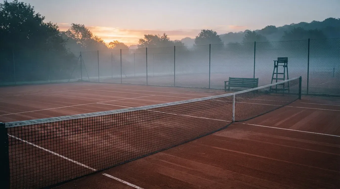 Ein Tennisplatz mit Sandbelag in der Morgendämmerung, Netz und Linien liegen im ersten Licht, Nebel hängt über dem Boden