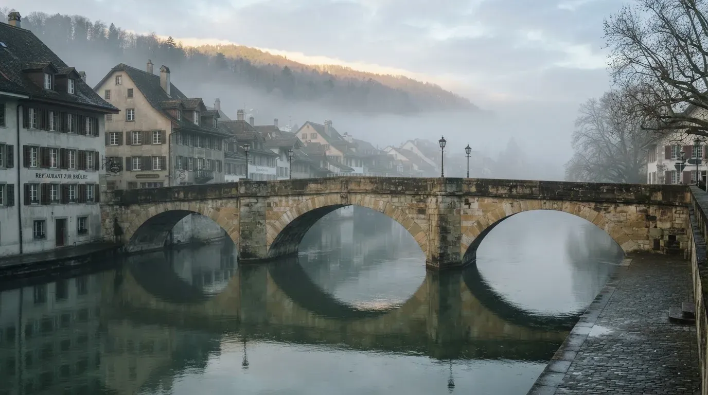 Eine steinerne Brücke über einen Fluss in einer Kleinstadt am frühen Morgen, Nebel zieht zwischen den Dächern hindurch