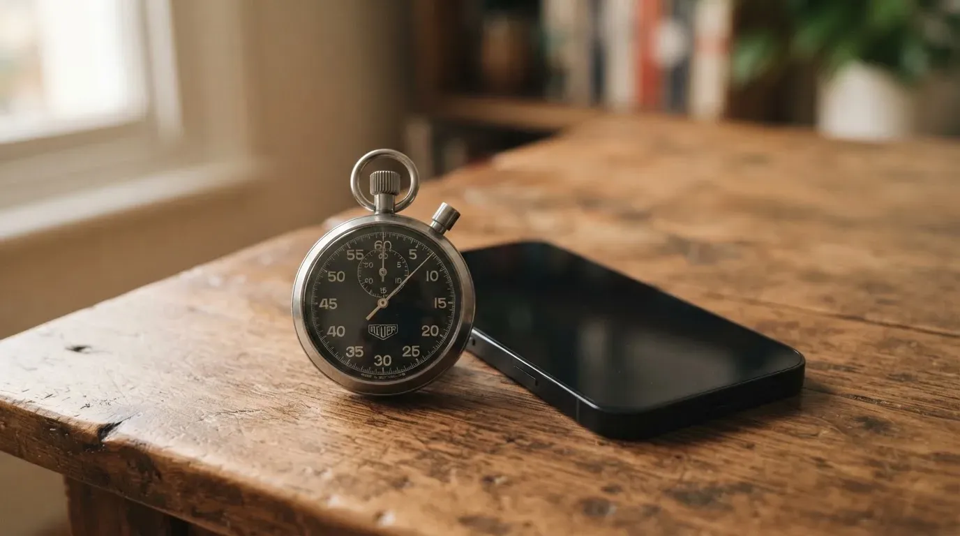 Eine Stoppuhr und ein Smartphone mit dunklem Display liegen nebeneinander auf einem Holztisch, weiches Fensterlicht