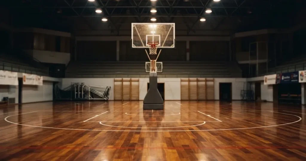 Ein Basketballkorb in einer leeren Halle, der Parkettboden glänzt im Licht der Deckenlampen