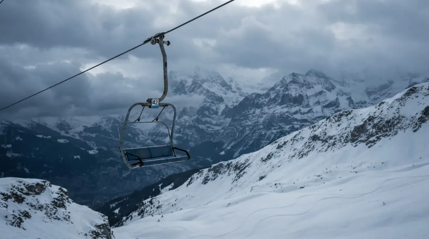Ein Sessel eines Skilifts schwebt über einer verschneiten Hangkante, dahinter ziehen graue Wolken auf