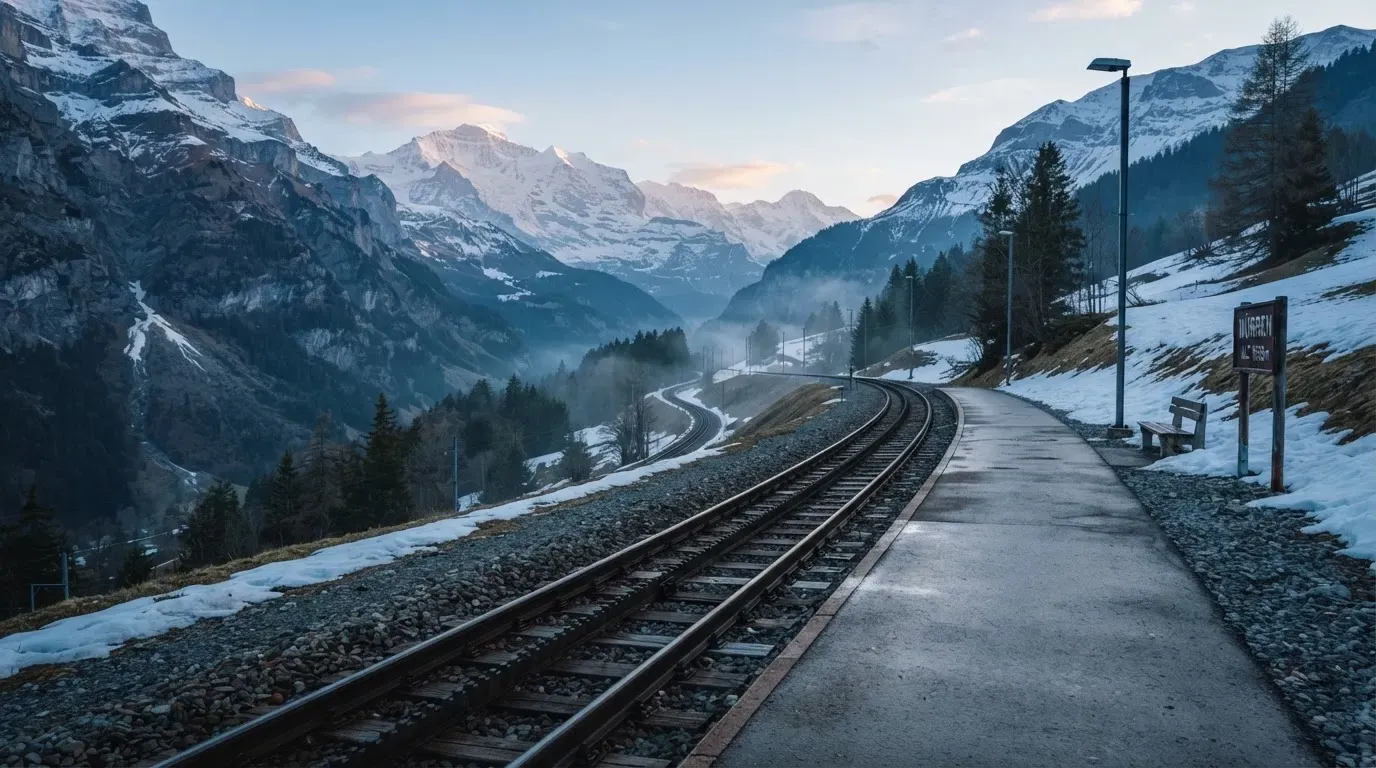 Ein Bahngleis in den Bergen mit Schneeresten und einem leeren Perron im Morgengrauen