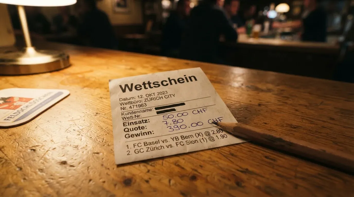 Ein leerer Wettschein aus Papier und ein Bleistift liegen auf einem Holztresen, warmes Licht einer Lampe