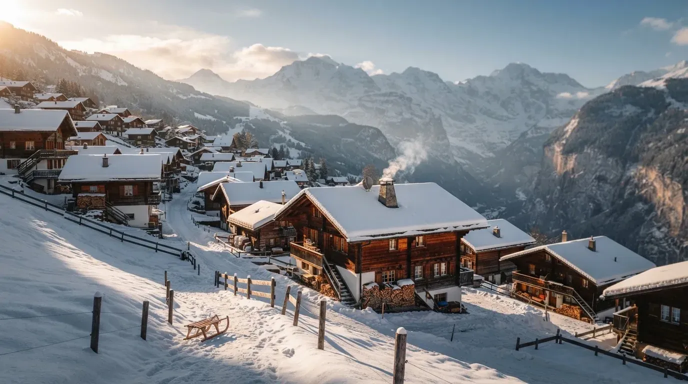 Ein Bergdorf mit Holzhäusern im Schnee, Rauch steigt aus einem Kamin, später Nachmittag mit tiefem Licht