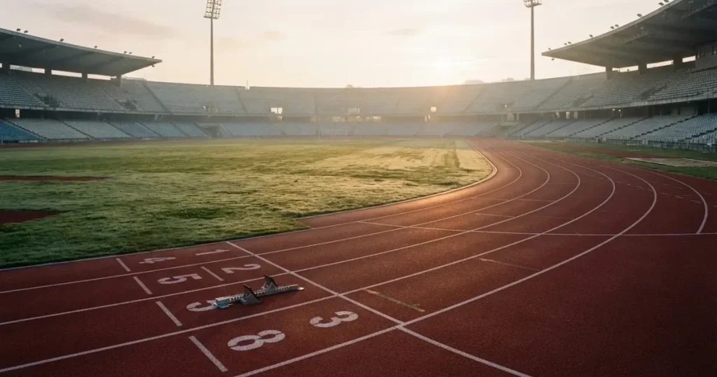 Eine rote Laufbahn in einem leeren Leichtathletikstadion, Morgentau liegt auf dem Rasen in der Mitte