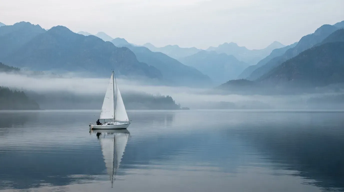 Ein kleines Segelboot auf einem ruhigen Bergsee, Nebel liegt am Ufer, die Berge verschwinden im Dunst