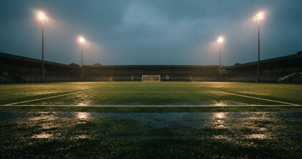 Ein Fussballplatz mit Kunstrasen im Regen, Pfützen spiegeln das Licht der Flutlichtmasten