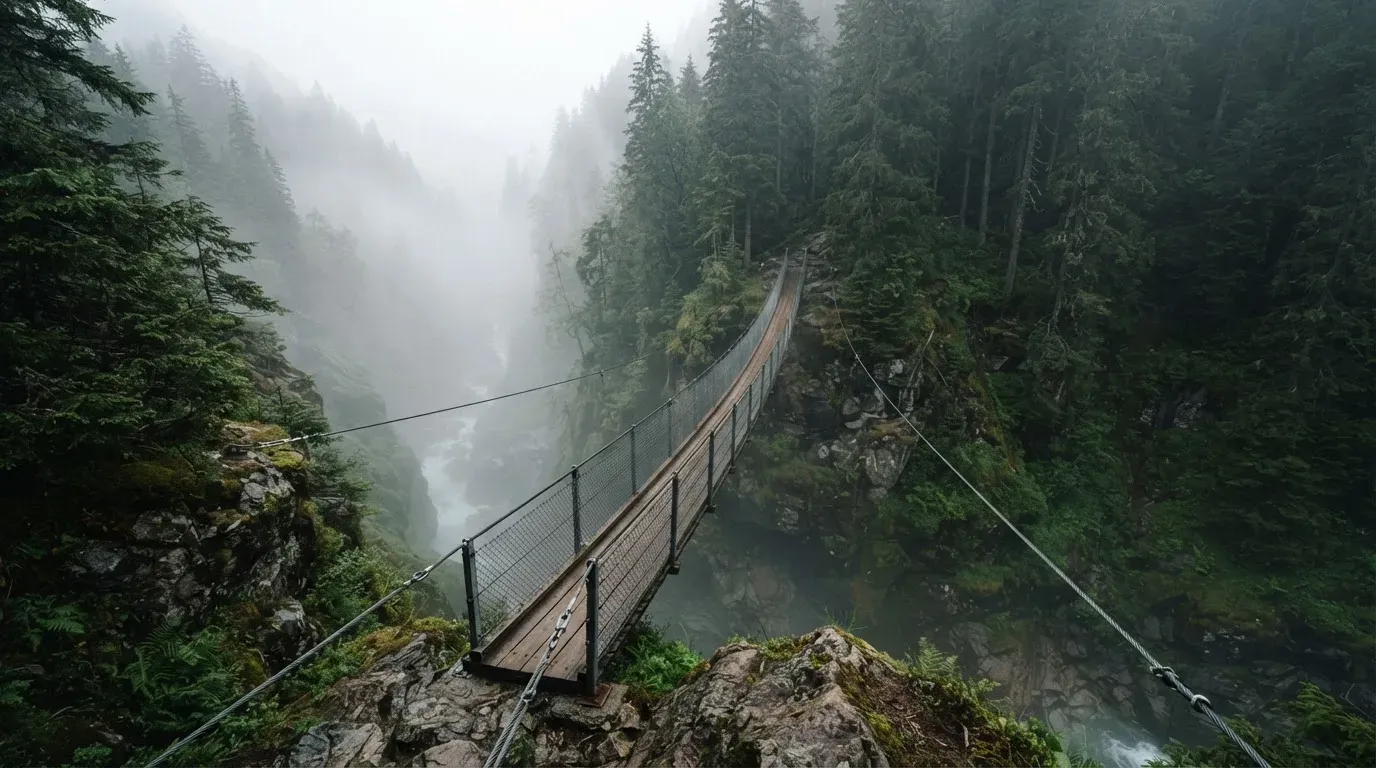 Eine Hängebrücke über eine Schlucht, Nebel steigt auf, dichter Wald bedeckt die steilen Hänge