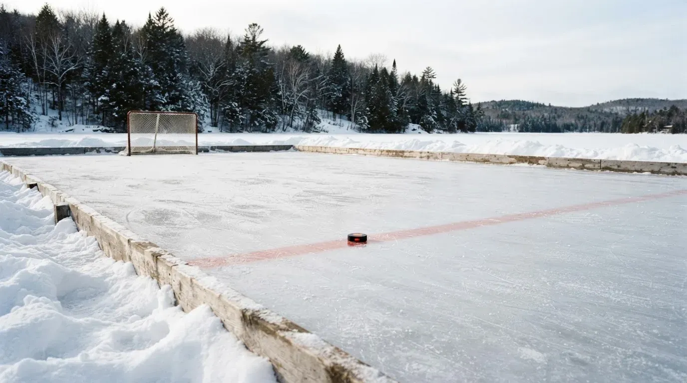 Ein Eishockeyfeld im Freien auf einem zugefrorenen See, Schneewehen an den Banden, klare Winterluft
