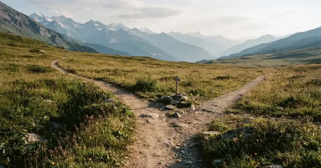Zwei Wanderwege gabeln sich auf einer Wiese, dahinter steht eine Bergkette im Dunst