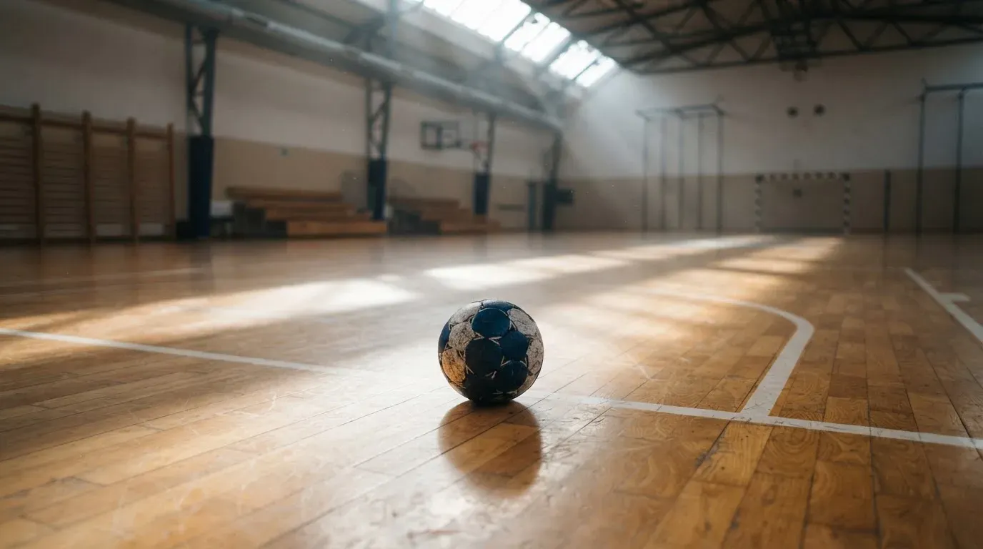 Ein Handball liegt auf dem Hallenboden einer leeren Sporthalle, Streifen von Licht aus den Oberlichtern