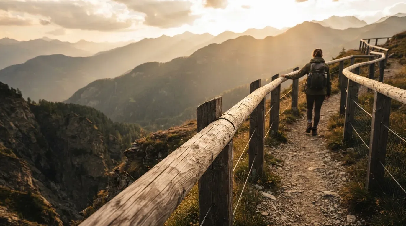 Ein stabiles Holzgeländer am Rand eines Wanderwegs über einer Schlucht, Gegenlicht über den Hängen