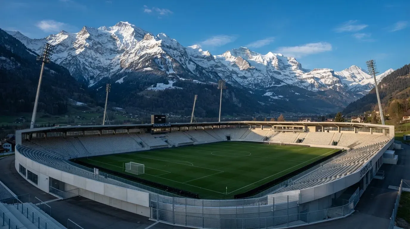 Schneebedeckte Berggipfel erheben sich im klaren Morgenlicht hinter einem leeren Stadion mit hellen Zuschauerrängen.