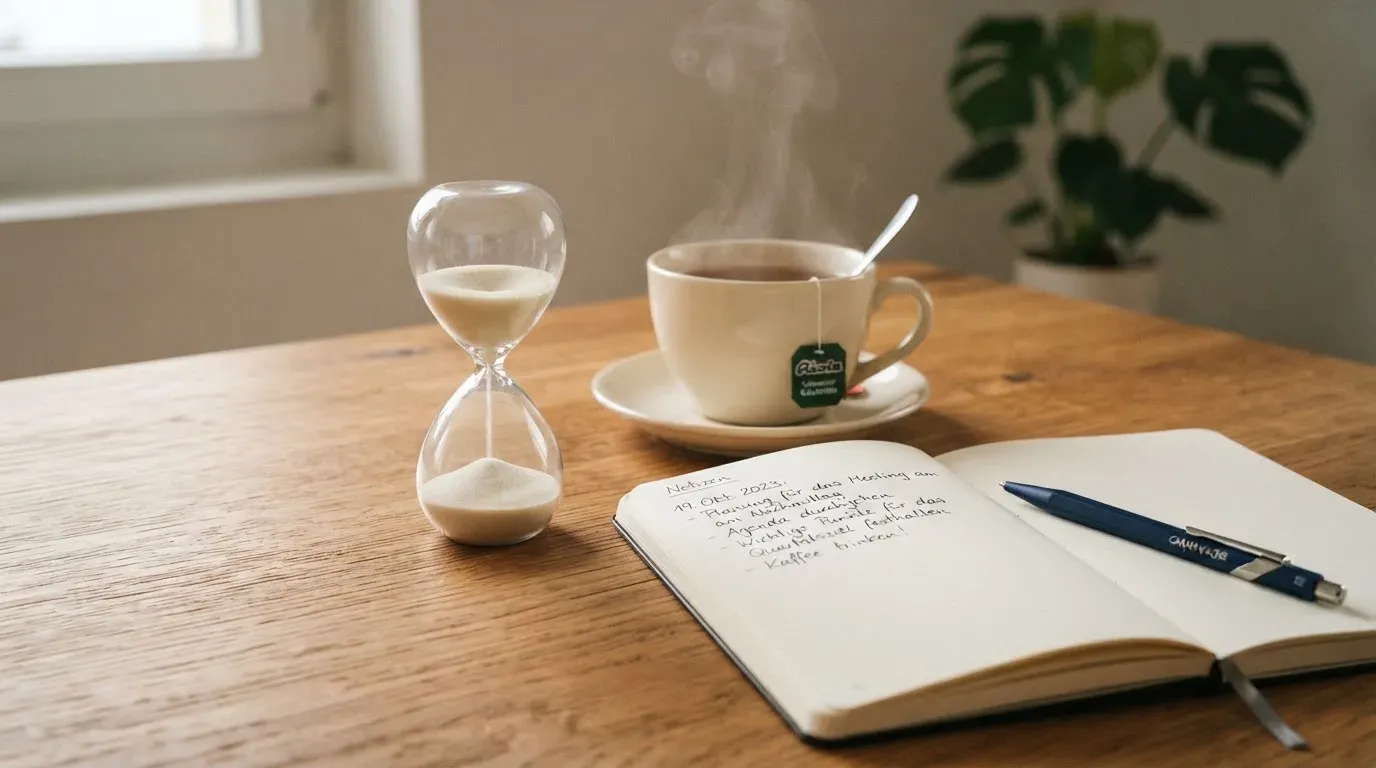 Eine Sanduhr steht neben einem Notizbuch mit handschriftlichen Notizen auf einem Holztisch, daneben dampft eine Tasse Tee.