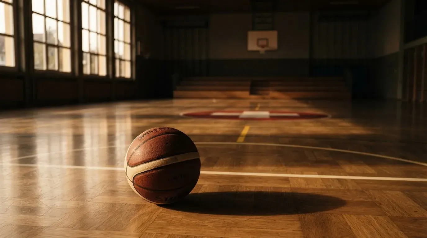 Ein Basketball ruht auf dem polierten Parkett einer leeren Halle, Nachmittagslicht fällt durch hohe Fenster.