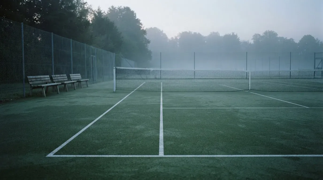 Ein gepflegter Tennisplatz im Morgengrauen, über der Grundlinie hängt leichter Nebel und die Bänke am Rand sind leer.