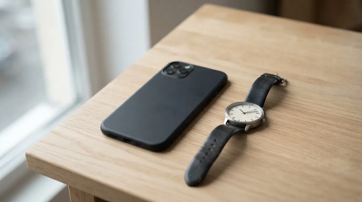 Ein Smartphone liegt mit dem Display nach unten auf einem Tisch neben einer Armbanduhr, im Hintergrund ein unscharfes Fenster.