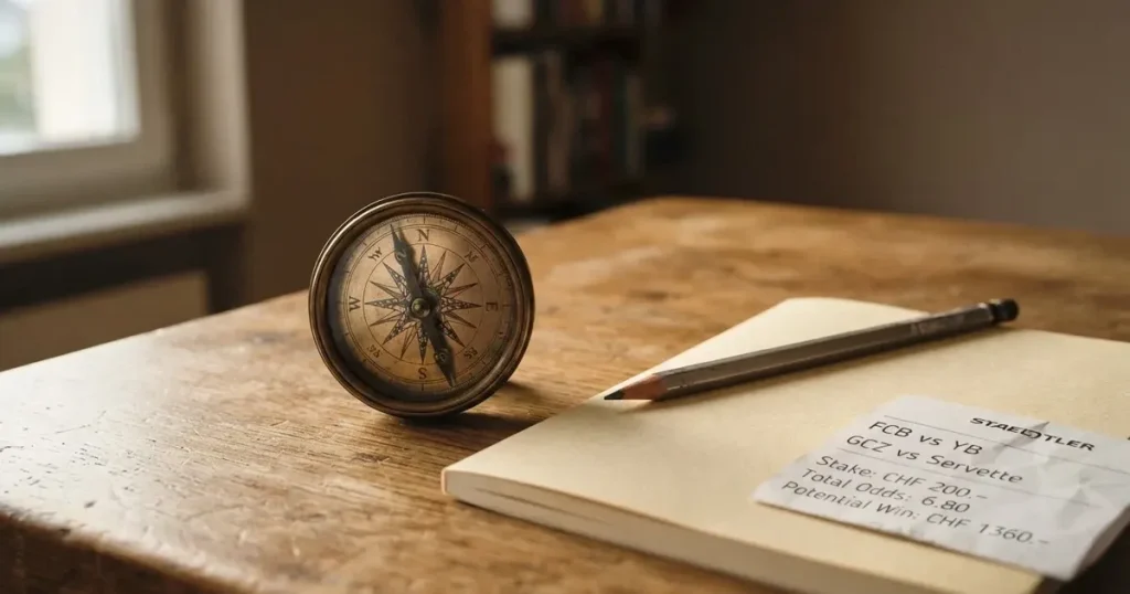 Ein Kompass liegt auf einer Holzplatte neben einem Bleistift und einem leeren Notizblock.