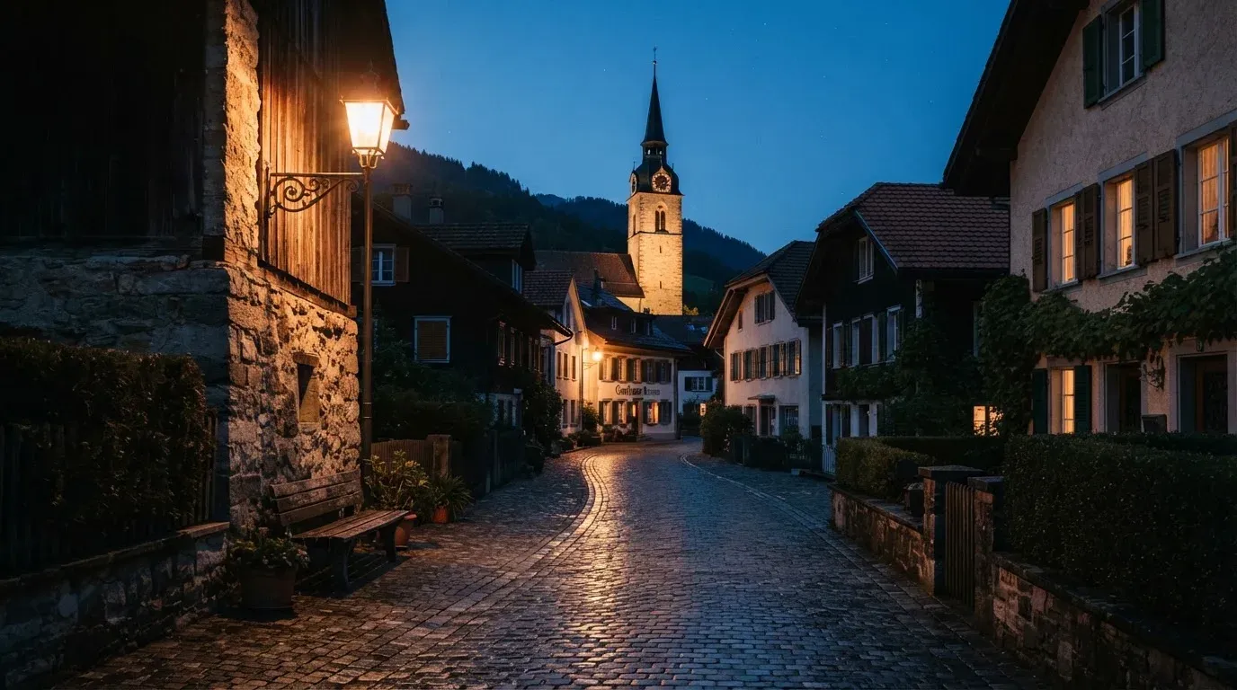Eine ruhige Dorfstrasse in der Dämmerung mit einer brennenden Strassenlaterne und einem Kirchturm im Hintergrund.