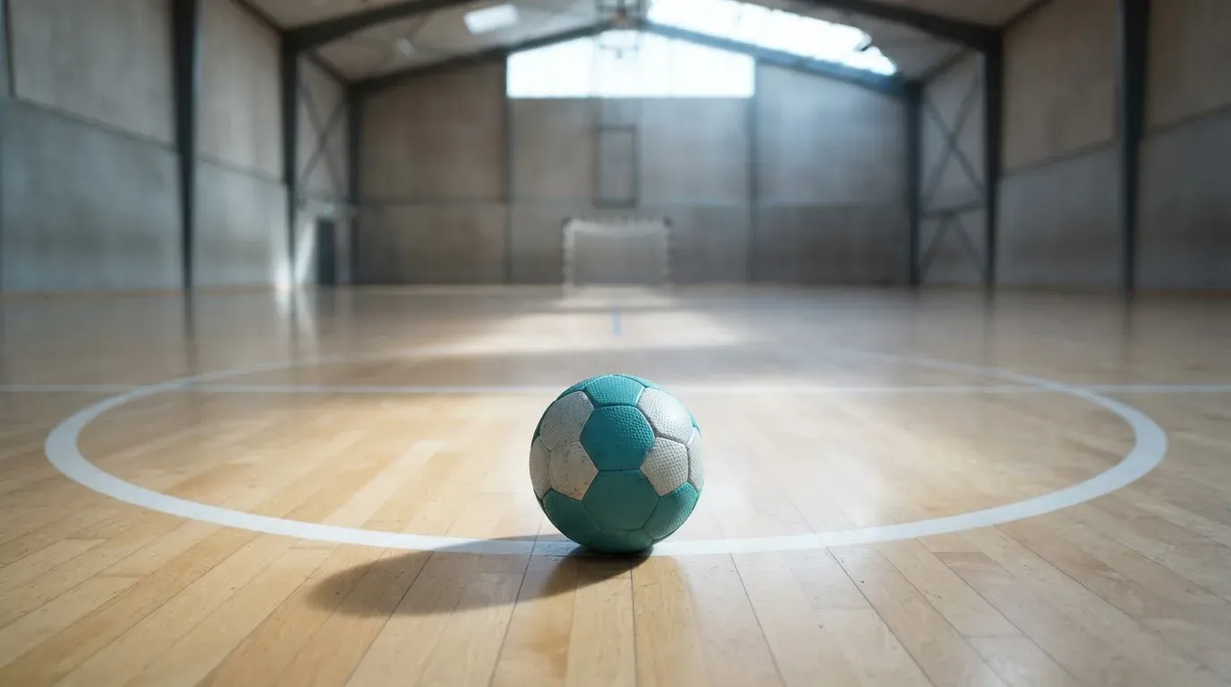 Ein Handball liegt am Rand des Torraums in einer leeren Sporthalle, Licht fällt durch Oberlichter auf den Hallenboden.