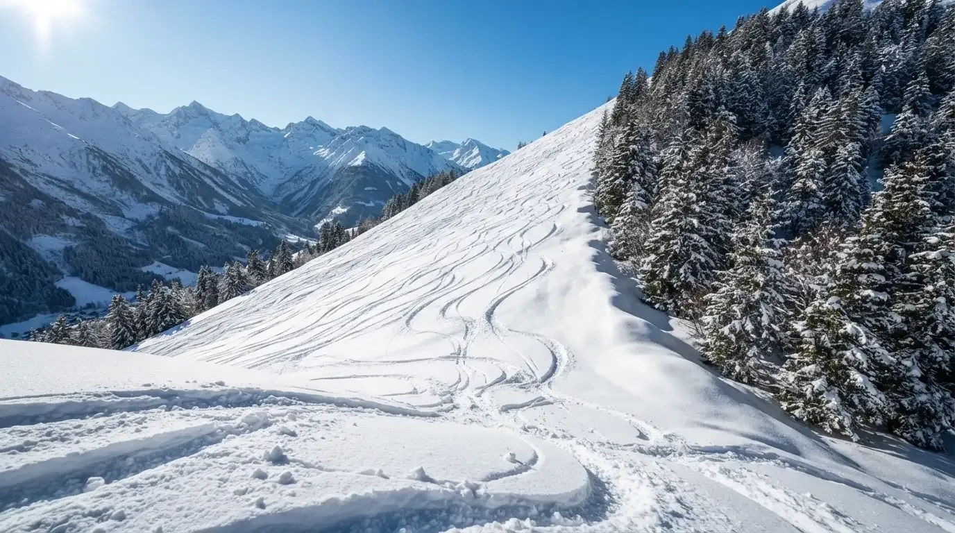 Ein Skihang mit frischen Spuren im Neuschnee unter blauem Himmel, am Rand stehen verschneite Tannen.