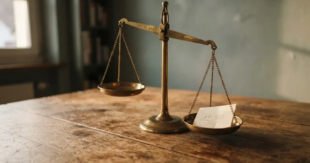 Eine Balkenwaage mit zwei Schalen steht auf einem Holztisch, in einer Schale liegen einige Münzen.