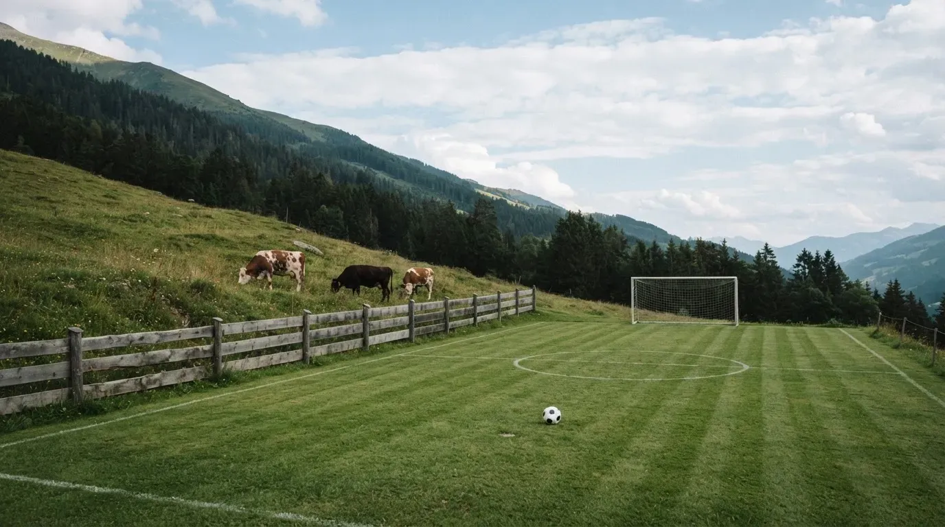Ein Dorffussballplatz mit Holzzaun am Hang, dahinter grasen Kühe auf einer Weide unter hohen Wolken.