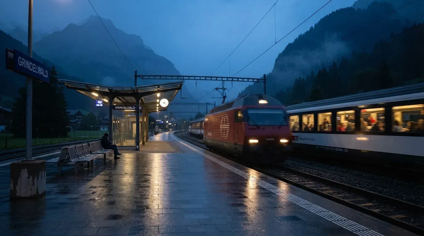 Ein Bahnsteig in der Abenddämmerung, ein Regionalzug fährt unscharf ein und Lichter spiegeln sich auf dem nassen Beton.