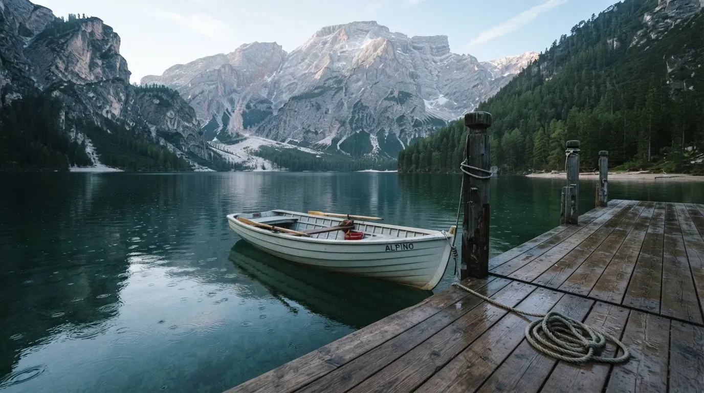 Ein schmales Ruderboot liegt an einem hölzernen Steg an einem Bergsee, dahinter steigen steile Felswände auf.