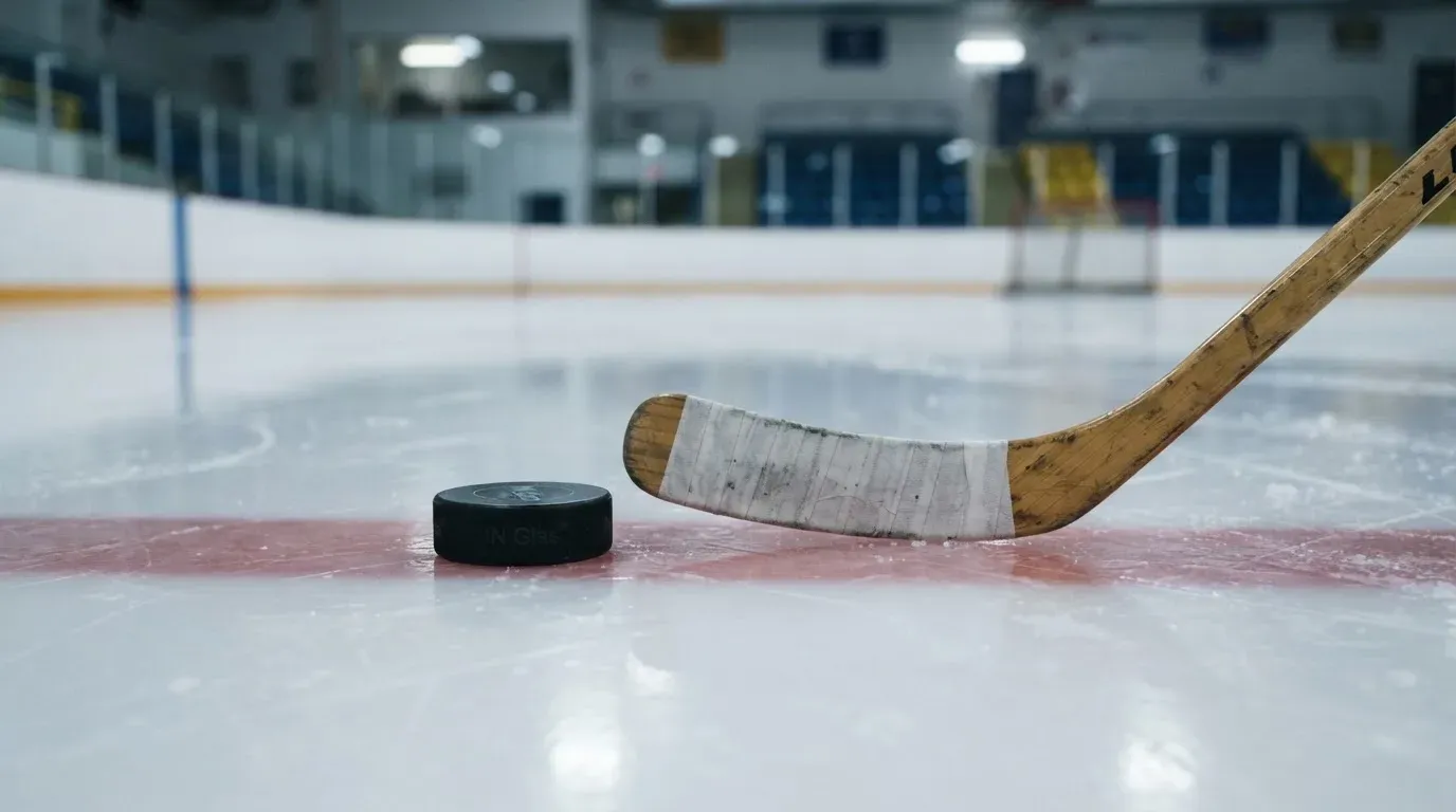 Ein Eishockeypuck und ein Schläger liegen auf einer glänzenden Eisfläche, im Hintergrund verschwimmen leere Banden.