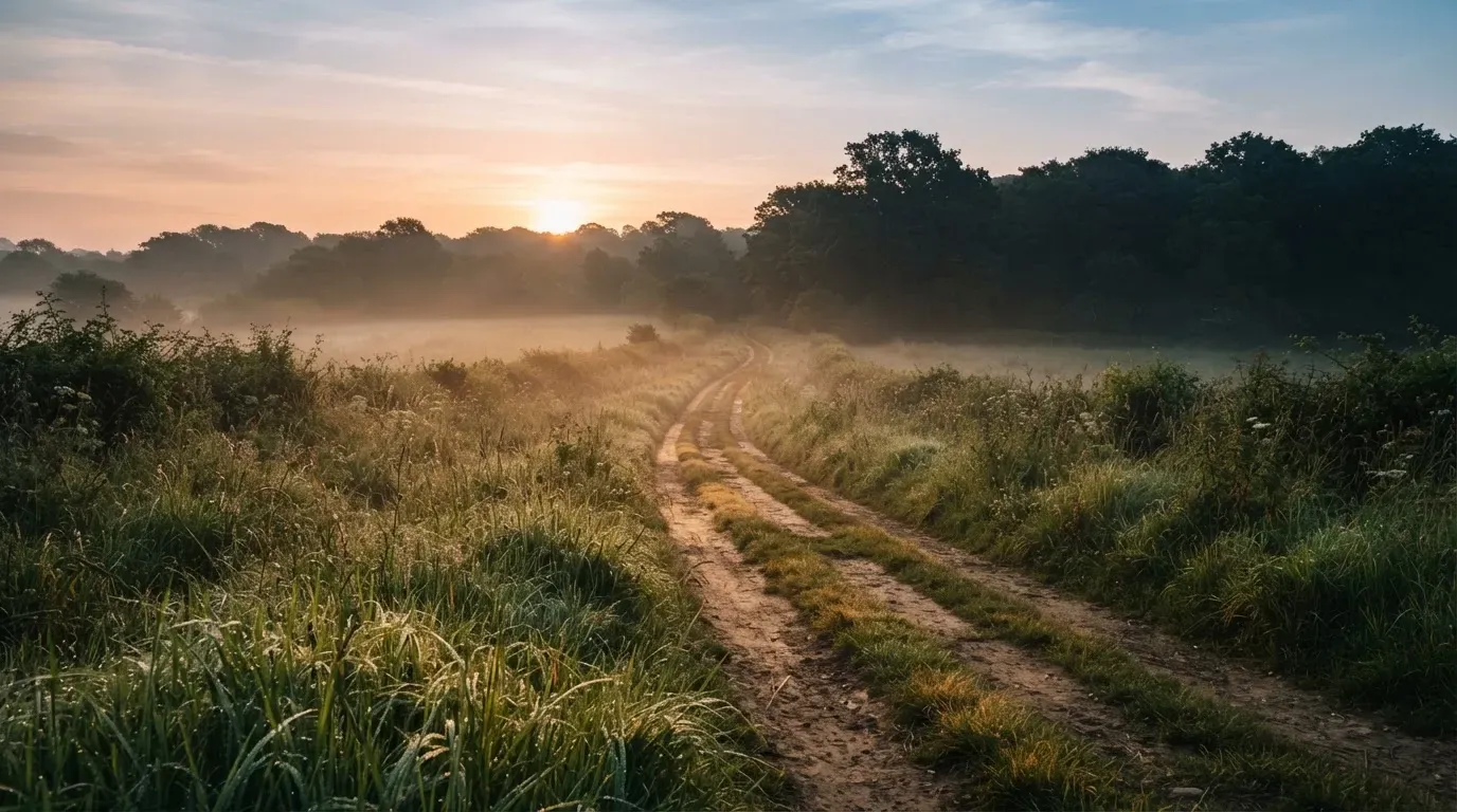 Ein Feldweg führt bei Sonnenaufgang zwischen Wiesen auf ein Waldstück zu.