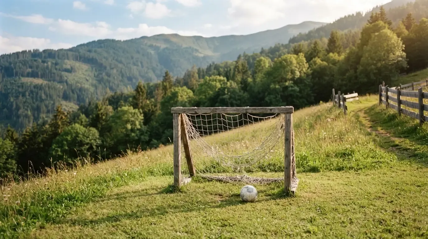 Eine Almwiese mit einem kleinen Holztor für Kinderfussball, dahinter erheben sich bewaldete Hänge im Nachmittagslicht.