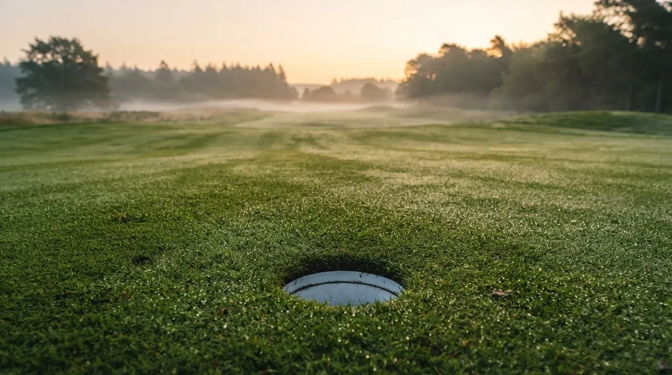 Ein Golfgrün bei Sonnenaufgang mit Tau auf dem Rasen, die Fahnenstange fehlt und im Hintergrund ziehen Nebelschwaden.