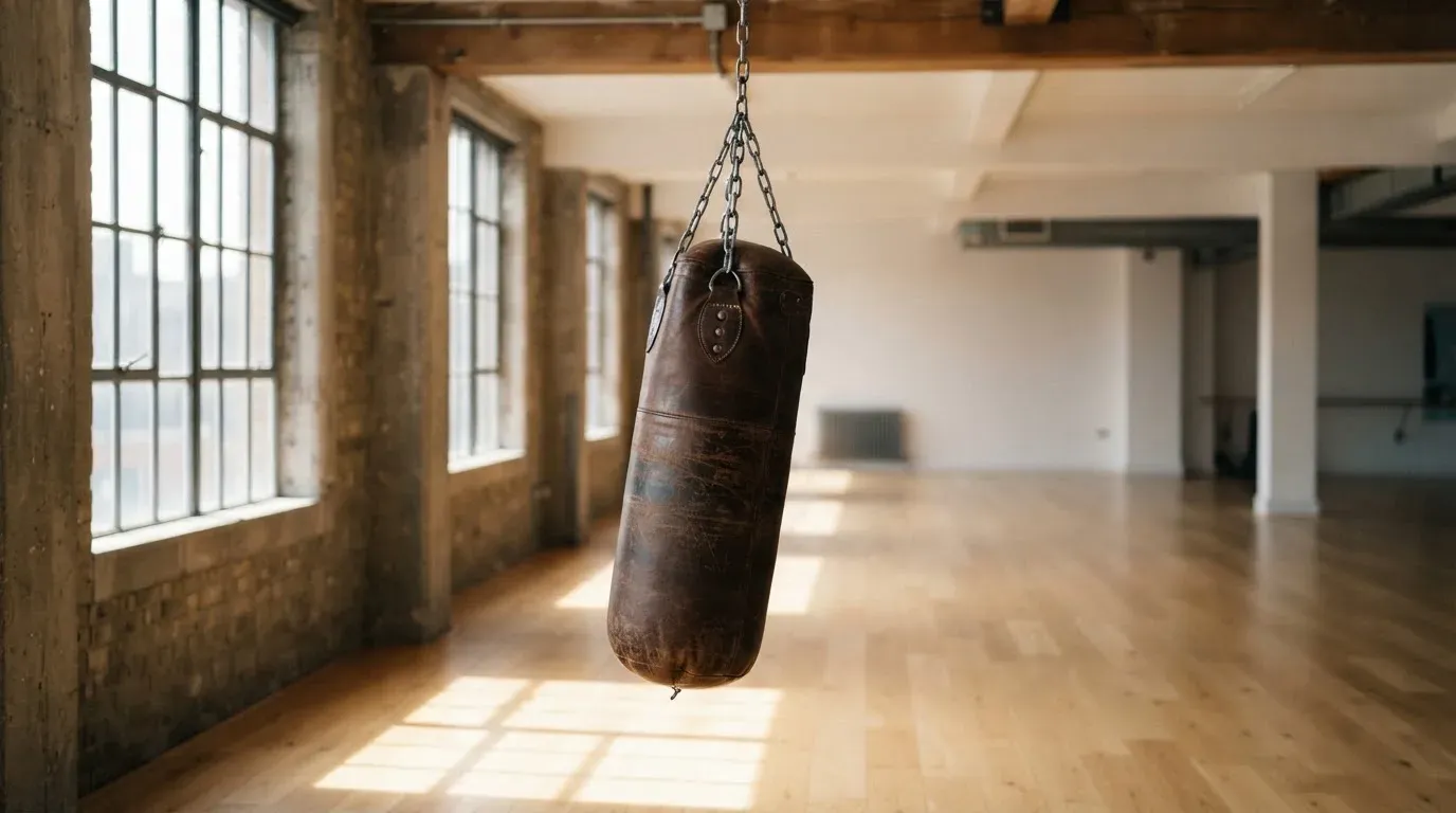 Ein Boxsack hängt an einer Kette in einem leeren Trainingsraum mit hellem Holzboden und grossen Fenstern.