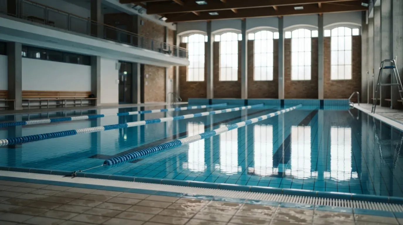 Eine ruhige Schwimmhalle mit glattem Wasser im Becken und gespannten Bahnleinen, Licht fällt durch hohe Fenster.