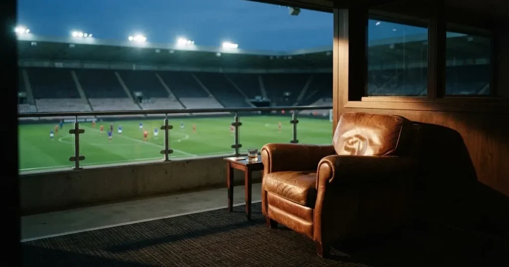 Ein leerer Ledersessel steht in einer Stadionloge mit Blick auf das Spielfeld im Abendlicht.