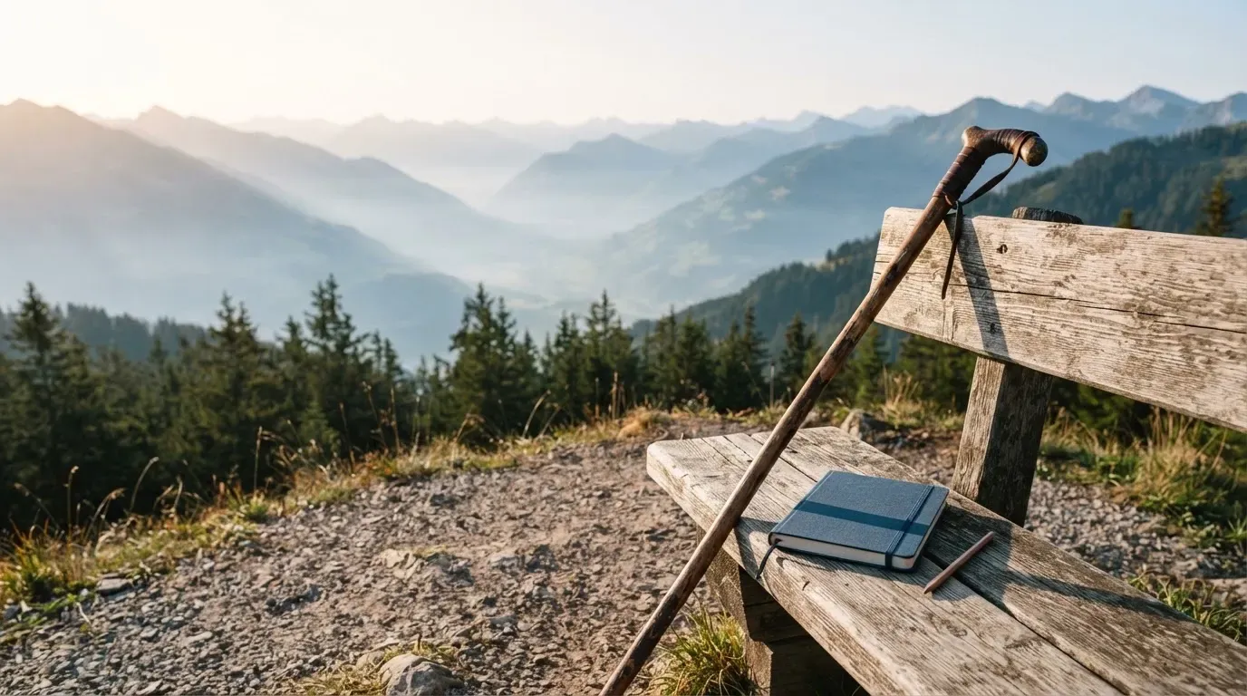 Ein Wanderstock lehnt an einer Holzbank auf einem Aussichtspunkt, dahinter breitet sich ein Tal im Dunst aus.