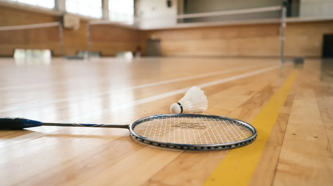 Ein Badmintonschläger liegt neben einem Federball auf dem hellen Hallenboden eines leeren Spielfelds.