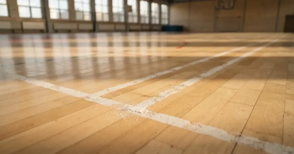 Zwei versetzte Startlinien aus Kreide auf dem Boden einer leeren Sporthalle, das Licht fällt schräg von der Seite.