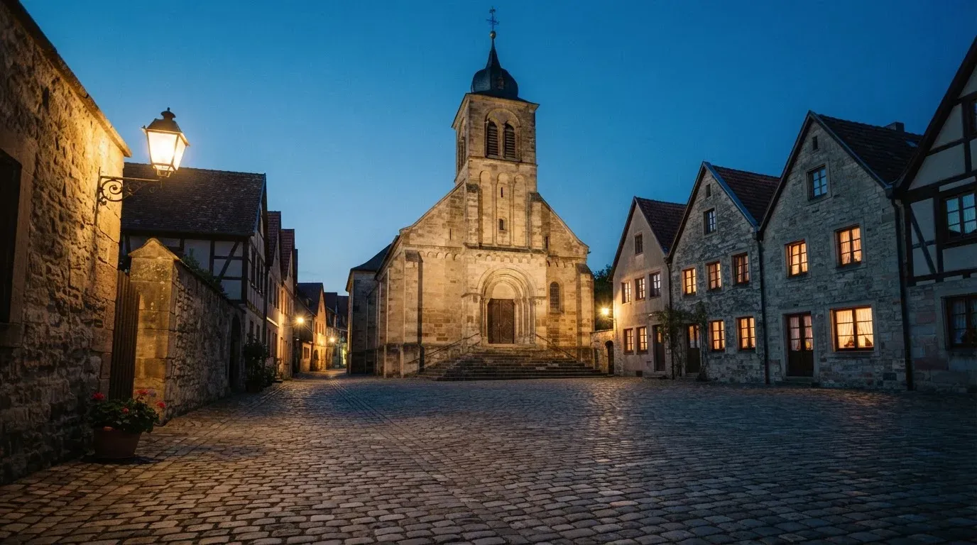 Ein Kopfsteinpflasterplatz vor einer Kirche in einer Altstadt am Abend, warme Fensterlichter und menschenleere Gassen.