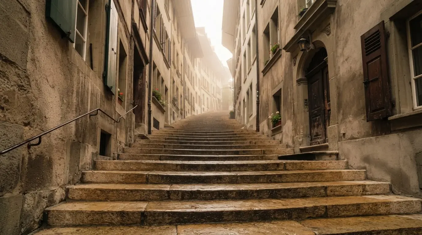 Eine breite Sandsteintreppe in einer Berner Altstadtgasse am frühen Morgen, niemand zu sehen, weiches Licht und leichter Nebel.