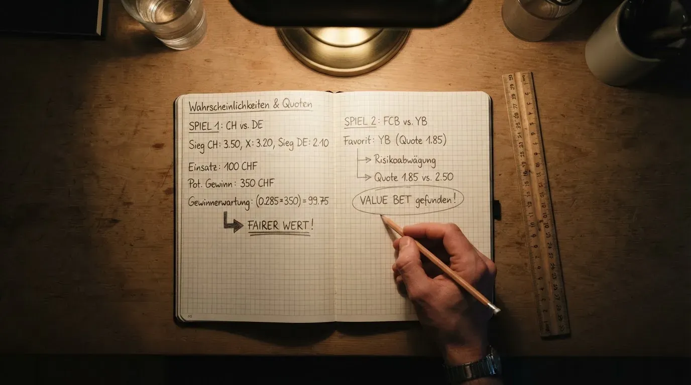 Eine Schreibtischlampe beleuchtet ein kariertes Heft mit handschriftlichen Skizzen, daneben liegt ein Lineal aus Holz.